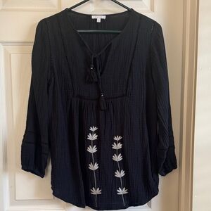 Calme by Johnny Was Navy Embroidered Women's Top